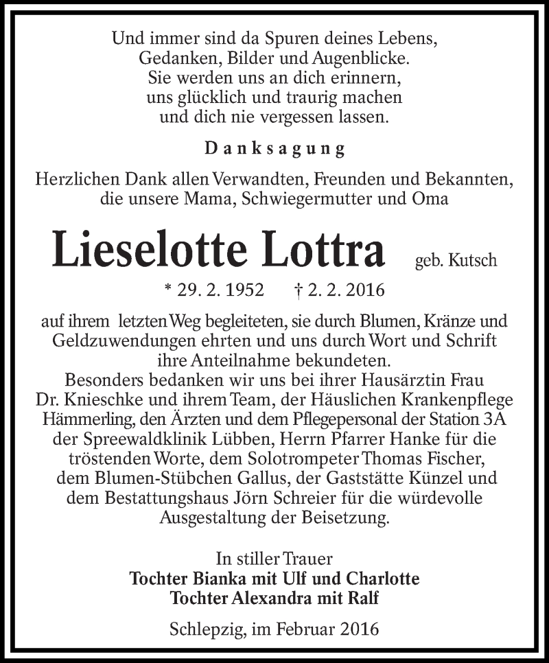  Traueranzeige für Lieselotte Lottra vom 20.02.2016 aus lausitzer_rundschau