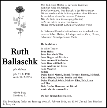 Traueranzeige von Ruth Ballaschk von lausitzer_rundschau