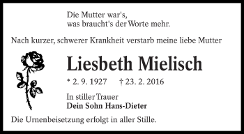 Traueranzeige von Liesbeth Mielisch von lausitzer_rundschau