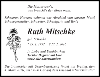Traueranzeige von Ruth Mitschke von lausitzer_rundschau