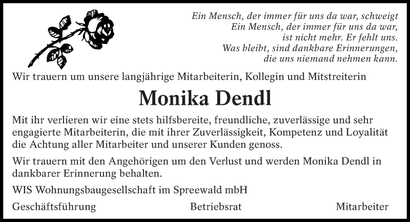  Traueranzeige für Monika Dendl vom 20.02.2016 aus lausitzer_rundschau