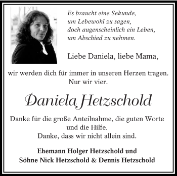 Traueranzeige von Daniela Hetzschold von lausitzer_rundschau