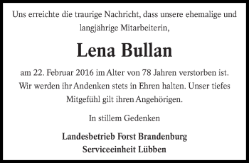Traueranzeige von Lena Bullan von lausitzer_rundschau
