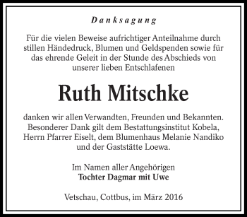 Traueranzeige von Ruth Mitschke von lausitzer_rundschau