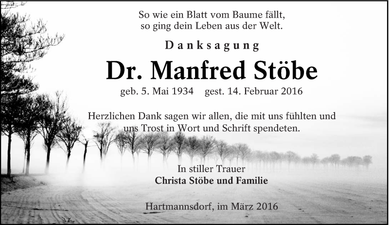  Traueranzeige für Manfred Stöbe vom 19.03.2016 aus lausitzer_rundschau