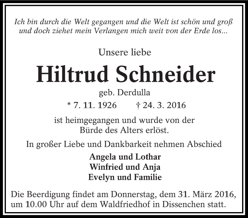  Traueranzeige für Hiltrud Schneider vom 26.03.2016 aus lausitzer_rundschau