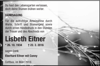 Traueranzeige von Lisbeth Eitner von lausitzer_rundschau