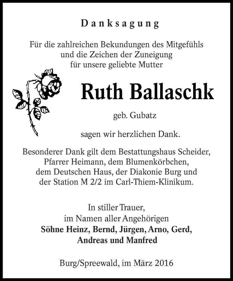  Traueranzeige für Ruth Ballaschk vom 05.03.2016 aus lausitzer_rundschau