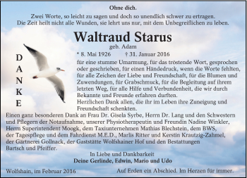 Traueranzeige von Waltraud Starus von Lausitzer Rundschau