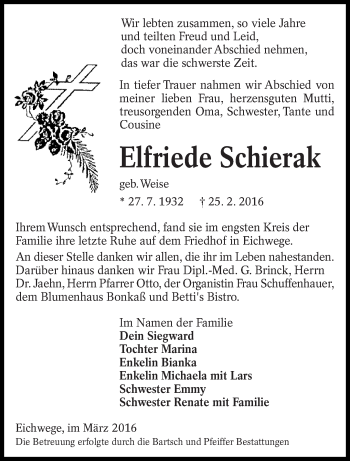 Traueranzeige von Elfriede Schierak von lausitzer_rundschau
