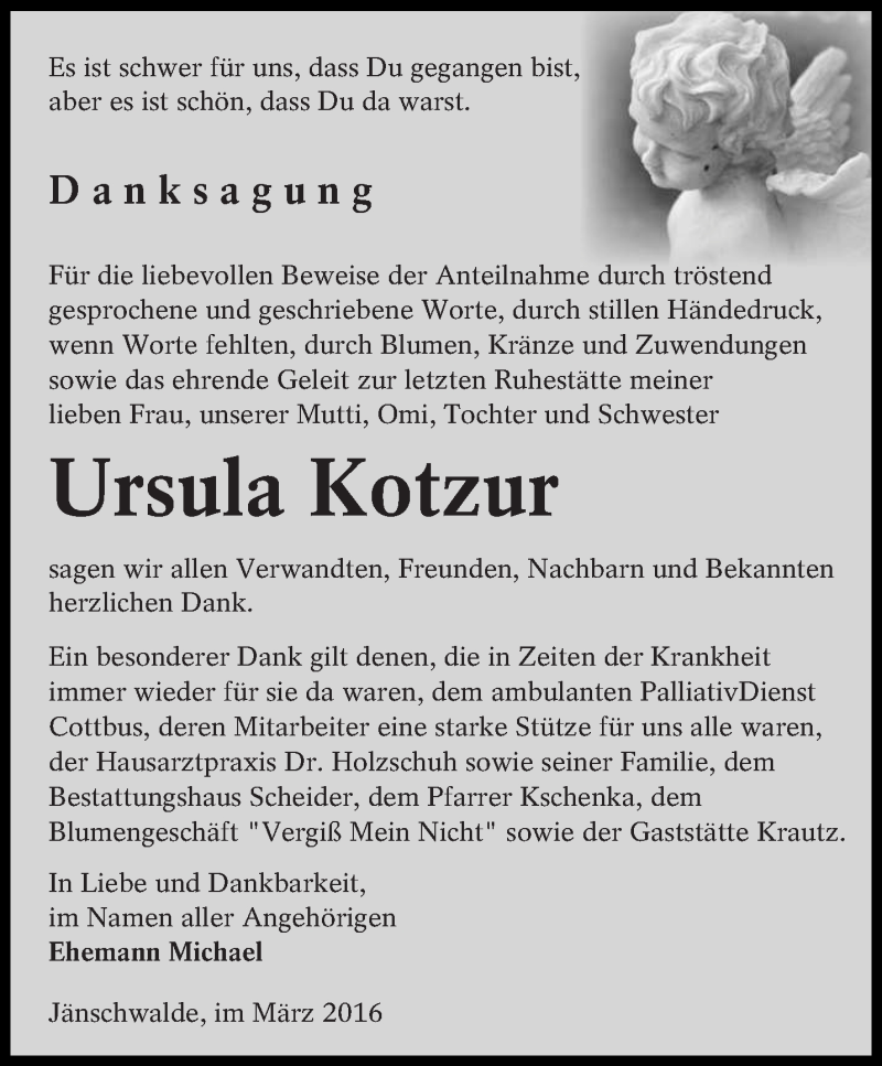  Traueranzeige für Ursula Kotzur vom 05.03.2016 aus lausitzer_rundschau