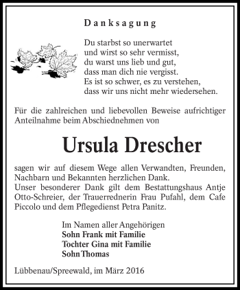 Traueranzeige von Ursula Drescher von lausitzer_rundschau