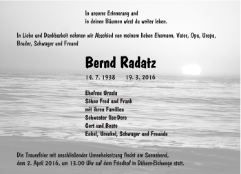 Traueranzeige von Bernd Radatz von lausitzer_rundschau