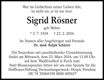 Traueranzeige von Sigrid Rösner von lausitzer_rundschau