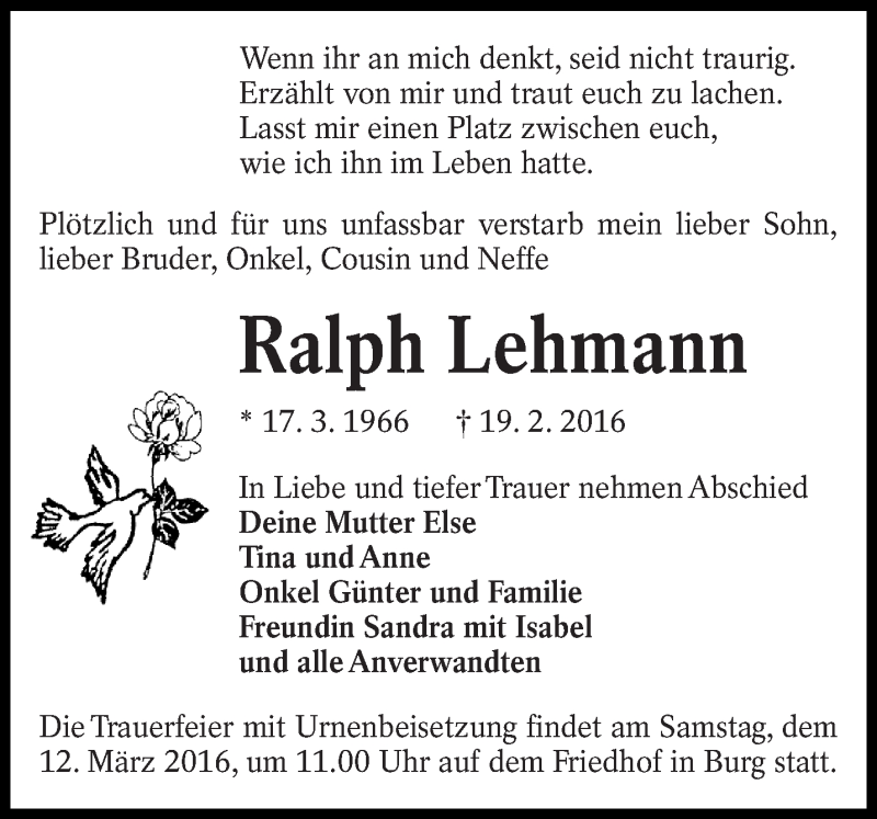  Traueranzeige für Ralph Lehmann vom 05.03.2016 aus lausitzer_rundschau