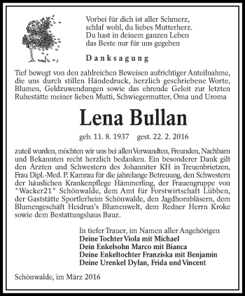 Traueranzeige von Lena Bullan von lausitzer_rundschau