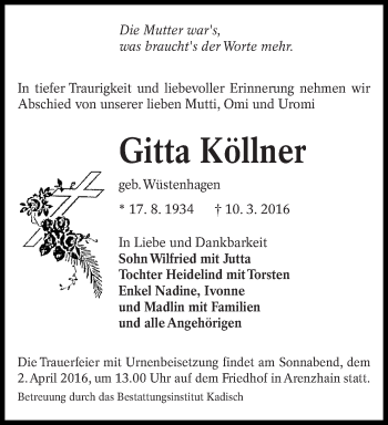 Traueranzeige von Gitta Köllner von lausitzer_rundschau