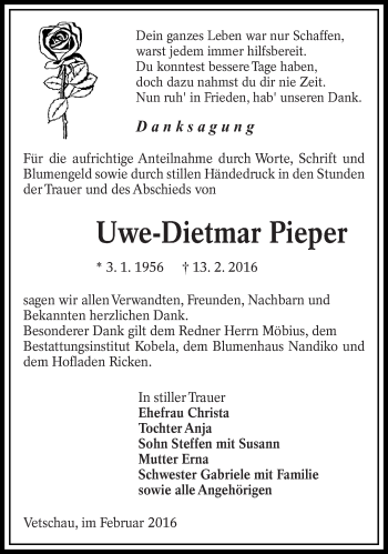 Traueranzeige von Uwe-Dietmar Pieper von lausitzer_rundschau