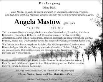 Traueranzeige von Angela Mastow von lausitzer_rundschau