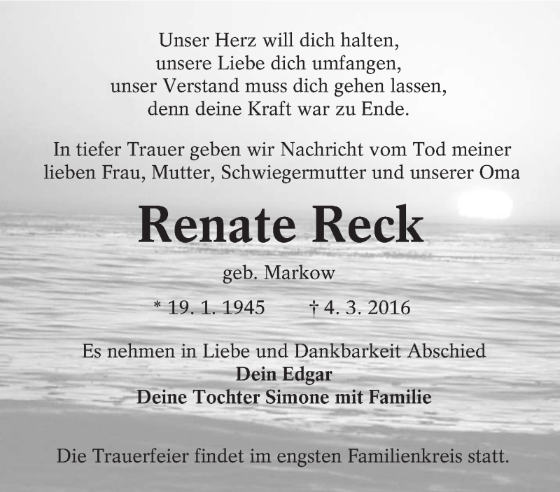  Traueranzeige für Renate  Reck vom 19.03.2016 aus lausitzer_rundschau