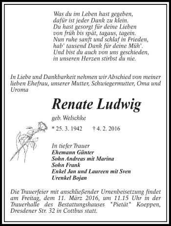 Traueranzeige von Renate Ludwig von lausitzer_rundschau