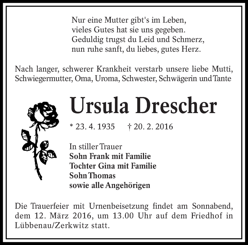  Traueranzeige für Ursula Drescher vom 05.03.2016 aus lausitzer_rundschau
