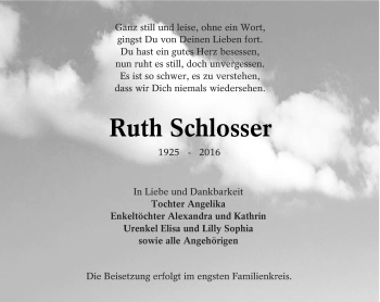 Traueranzeige von Ruth Schlosser von lausitzer_rundschau