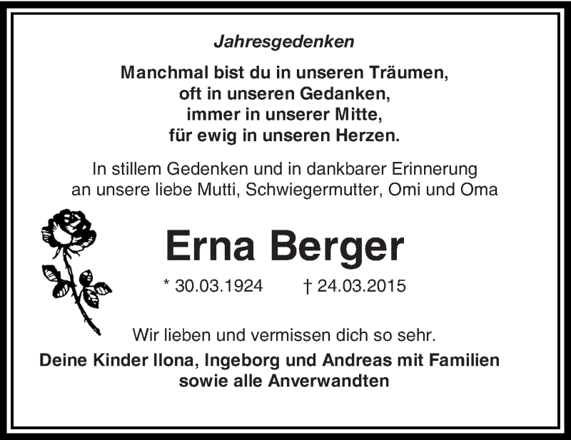 Traueranzeige für Erna Berger vom 26.03.2016 aus lausitzer_rundschau