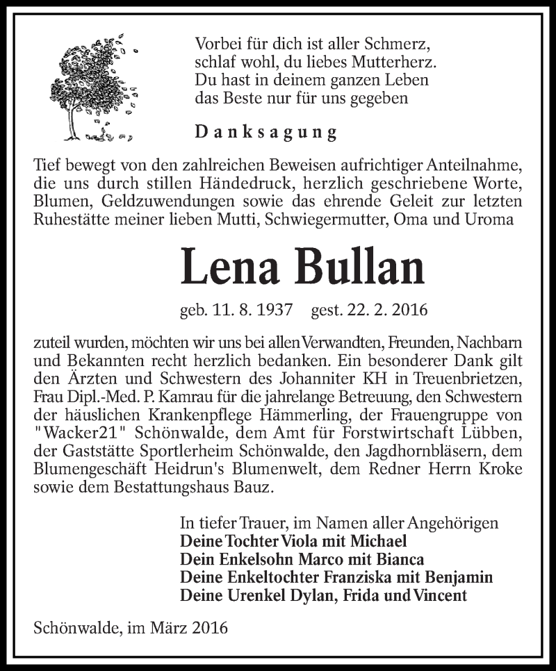  Traueranzeige für Lena Bullan vom 10.03.2016 aus lausitzer_rundschau