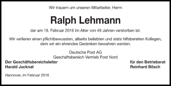 Traueranzeige von Ralph Lehmann von lausitzer_rundschau