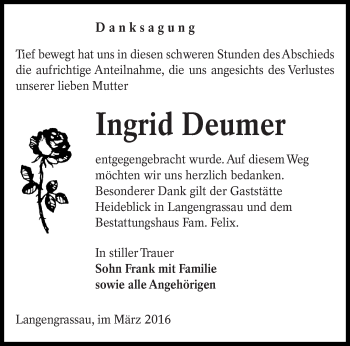 Traueranzeige von Ingrid Deumer von lausitzer_rundschau