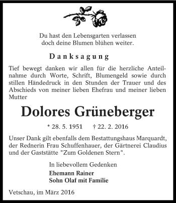 Traueranzeige von Dolores Grüneberger von lausitzer_rundschau