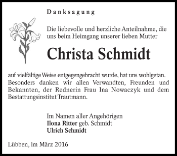 Traueranzeige von Christa Schmidt von lausitzer_rundschau