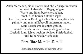 Traueranzeige von Monika Dendl von lausitzer_rundschau