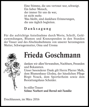 Traueranzeige von Frieda Goschmann von lausitzer_rundschau