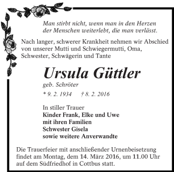 Traueranzeige von Ursula Güttler von lausitzer_rundschau