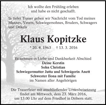 Traueranzeige von Klaus Kopitzke von lausitzer_rundschau