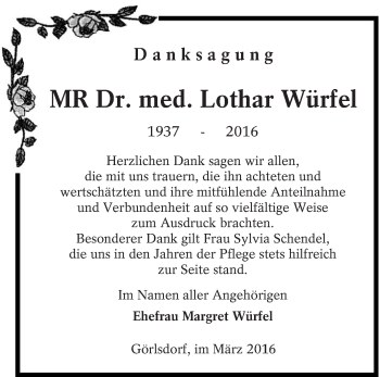 Traueranzeige von Lothar Würfel von lausitzer_rundschau