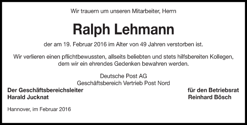  Traueranzeige für Ralph Lehmann vom 05.03.2016 aus lausitzer_rundschau