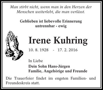 Traueranzeige von Irene Kuhring von lausitzer_rundschau