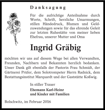 Traueranzeige von Ingrid Gräbig von lausitzer_rundschau