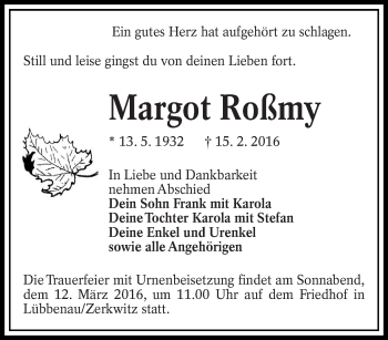Traueranzeige von Margot Roßmy von lausitzer_rundschau