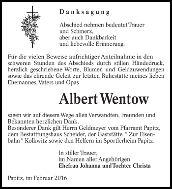 Traueranzeige von Albert Wentow von lausitzer_rundschau