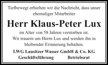 Traueranzeige von Klaus-Peter Lux von lausitzer_rundschau