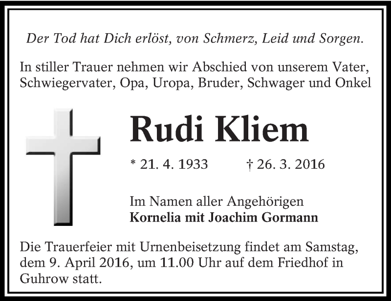  Traueranzeige für Rudi Kliem vom 02.04.2016 aus lausitzer_rundschau