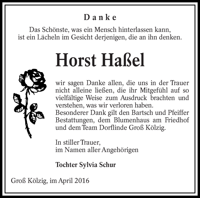  Traueranzeige für Horst Haßel vom 23.04.2016 aus lausitzer_rundschau