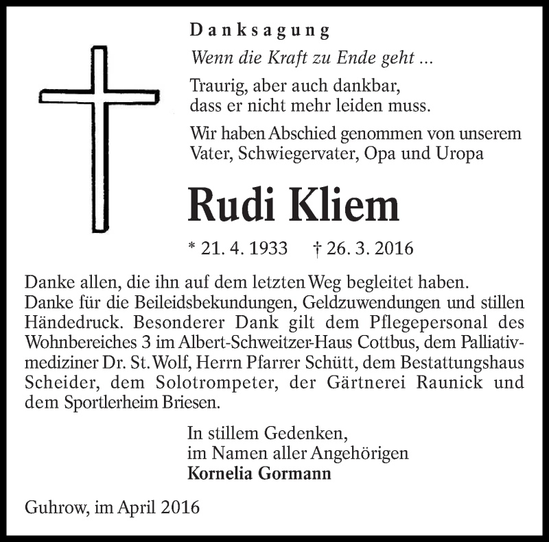  Traueranzeige für Rudi Kliem vom 16.04.2016 aus lausitzer_rundschau