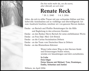 Traueranzeige von Renate  Reck von lausitzer_rundschau