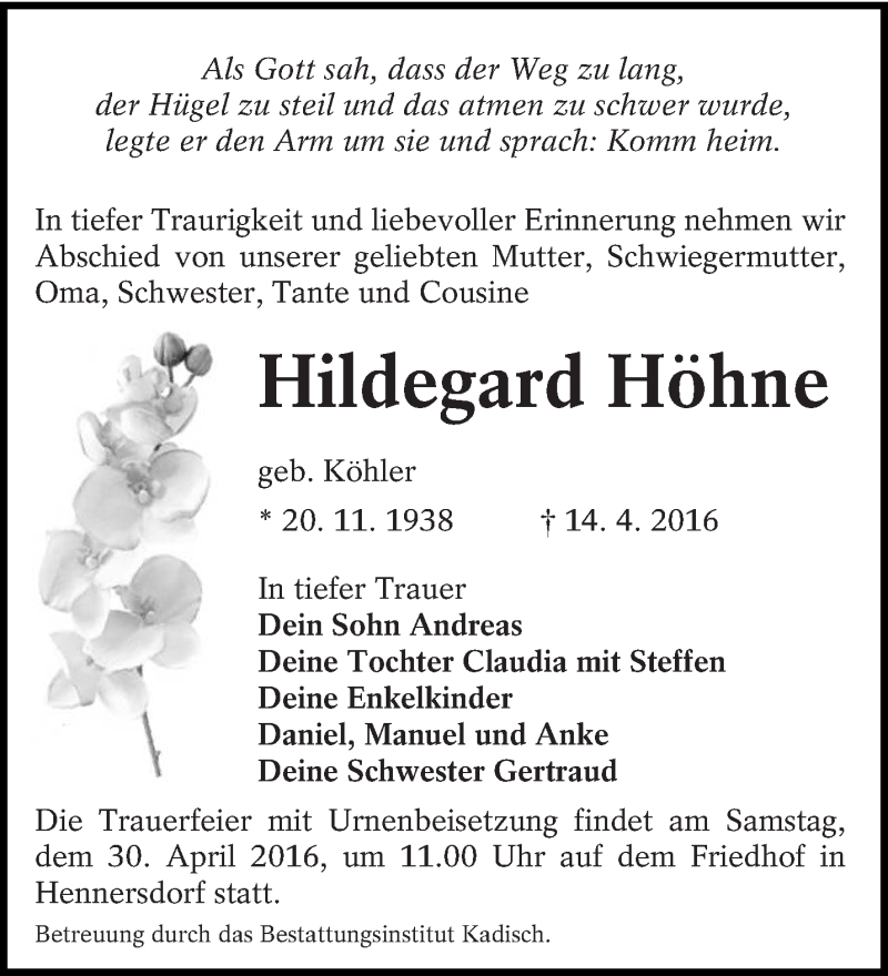  Traueranzeige für Hildegard Höhne vom 27.04.2016 aus lausitzer_rundschau
