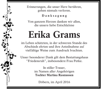 Traueranzeige von Erika Grams von lausitzer_rundschau